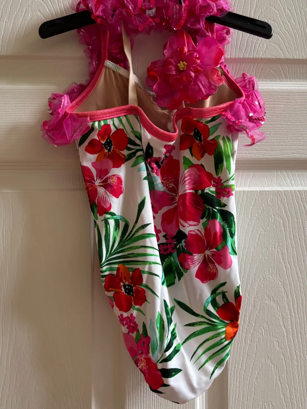 Girls Tropical Floral One-Piece Swimsuit with Pink Ruffle Straps